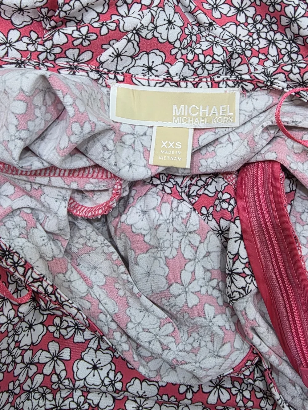 Michael Kors Floral Dress Pink White V Neck Puff Sleeve Fit Flare XXS - Picture 5 of 6